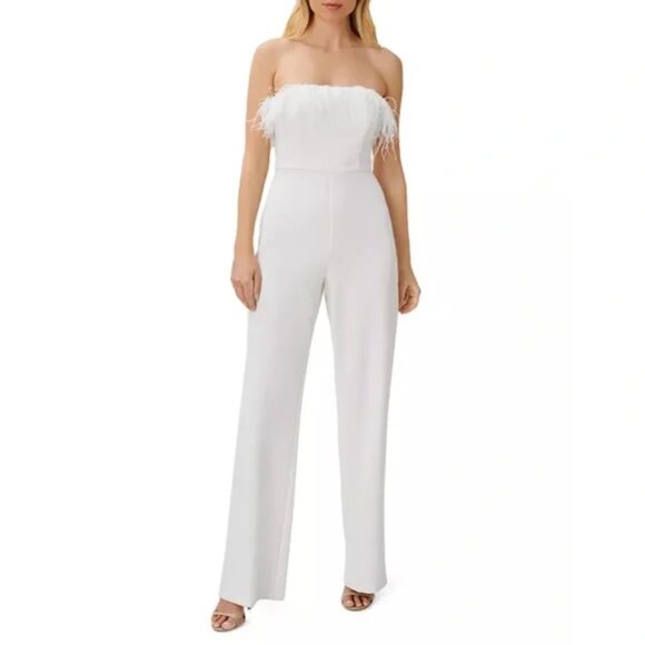 White Strapless Feather Ruffle Jumpsuit XL | NWT Party / Event Wear Wedding - Picture 4 of 8